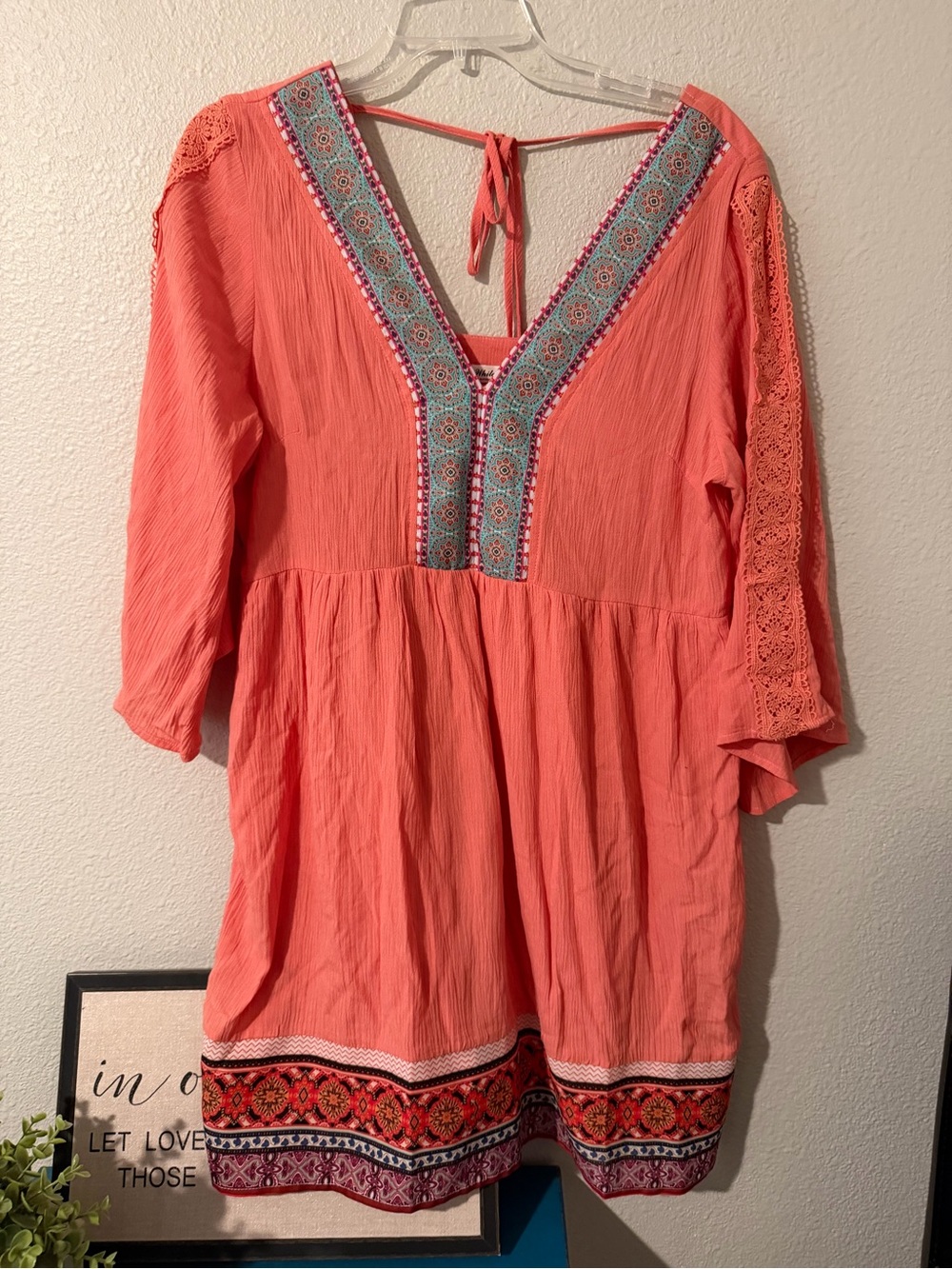 White Mark Coral Peasant Mini Dress with faux Embroidered Trim